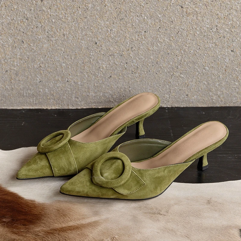Womens Summer sandals Lady mules basic style shoes natual suede french style buckle slippers Women pump pointed toe