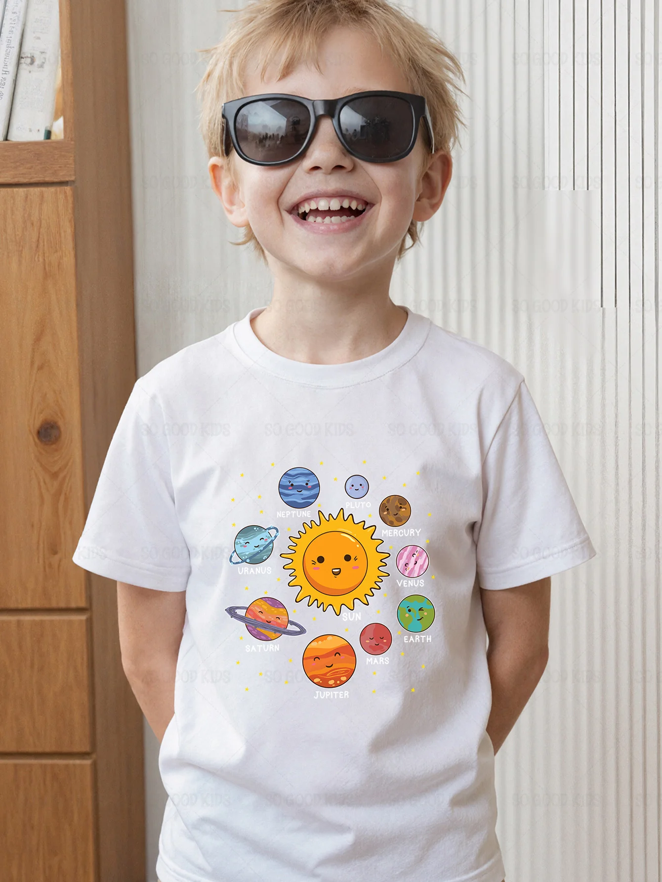 Kawaii Happy Planets Sun Galaxy Universe Cartoon Print Kids T Shirt Boys Girls Family Matching Summer Crew Neck Casual Tee