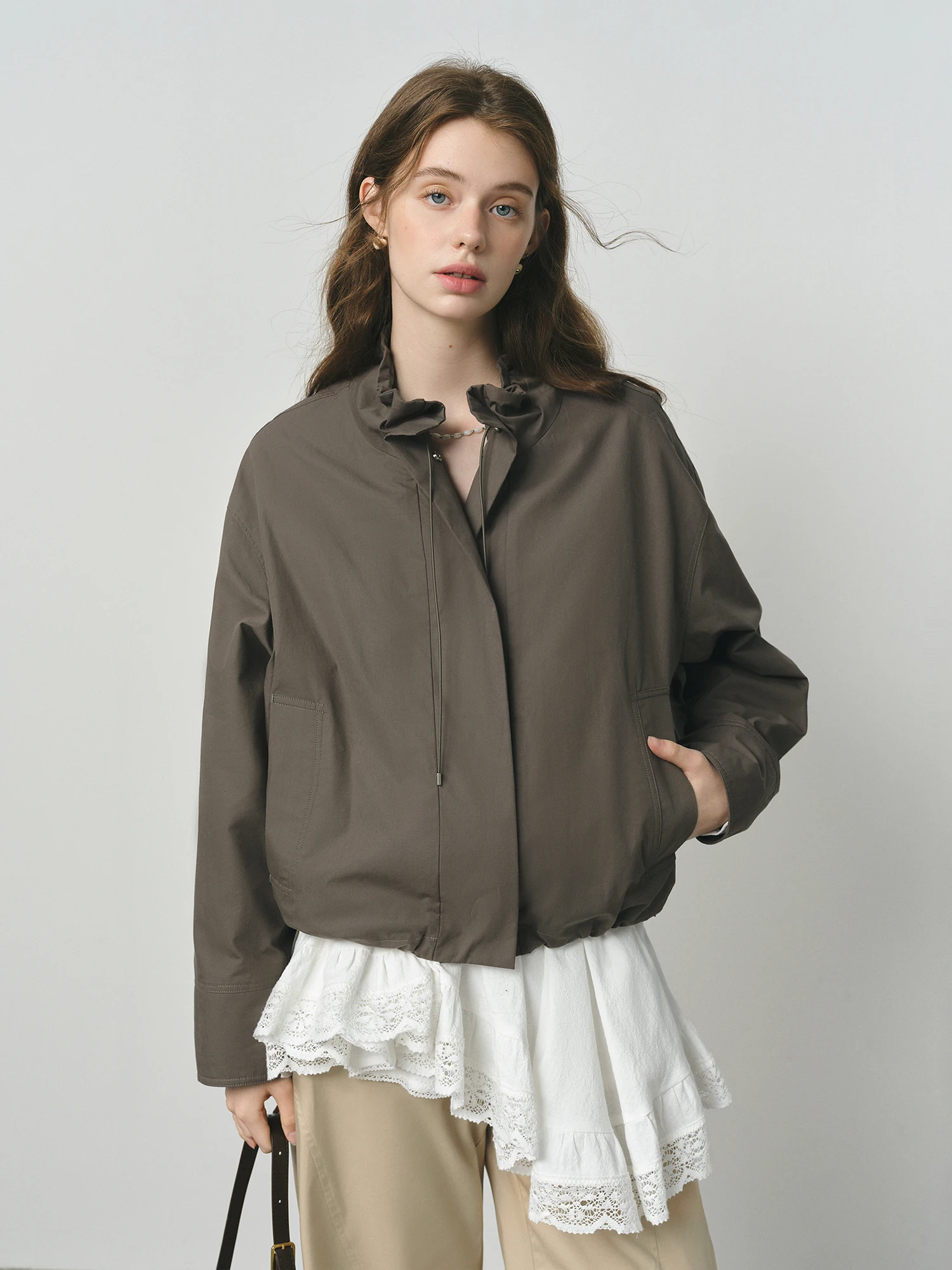 FSLE 2025 Veste utilitaire vintage pour femme - Manteau court d'automne décontracté à manches bouffantes avec cordon de serrage et style grange