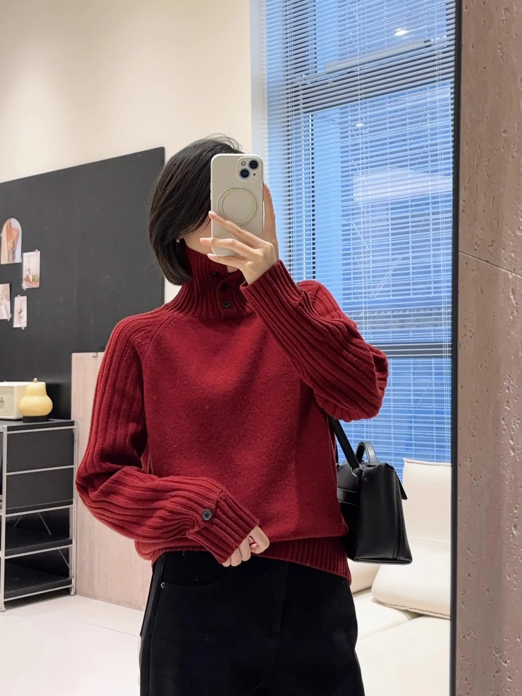 

Thiened Woolen High Collar Button up Knitted Sweater Women's Casual Loose Fit Soft Long Sve Winter Top Velvet Brown