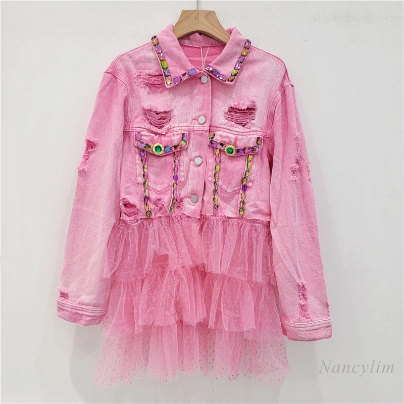 

2024 New Exquisite Rhinestone Ripped Frayed Stitching Mesh Design Loose Pink Denim Short Coat for Women Street Jackets