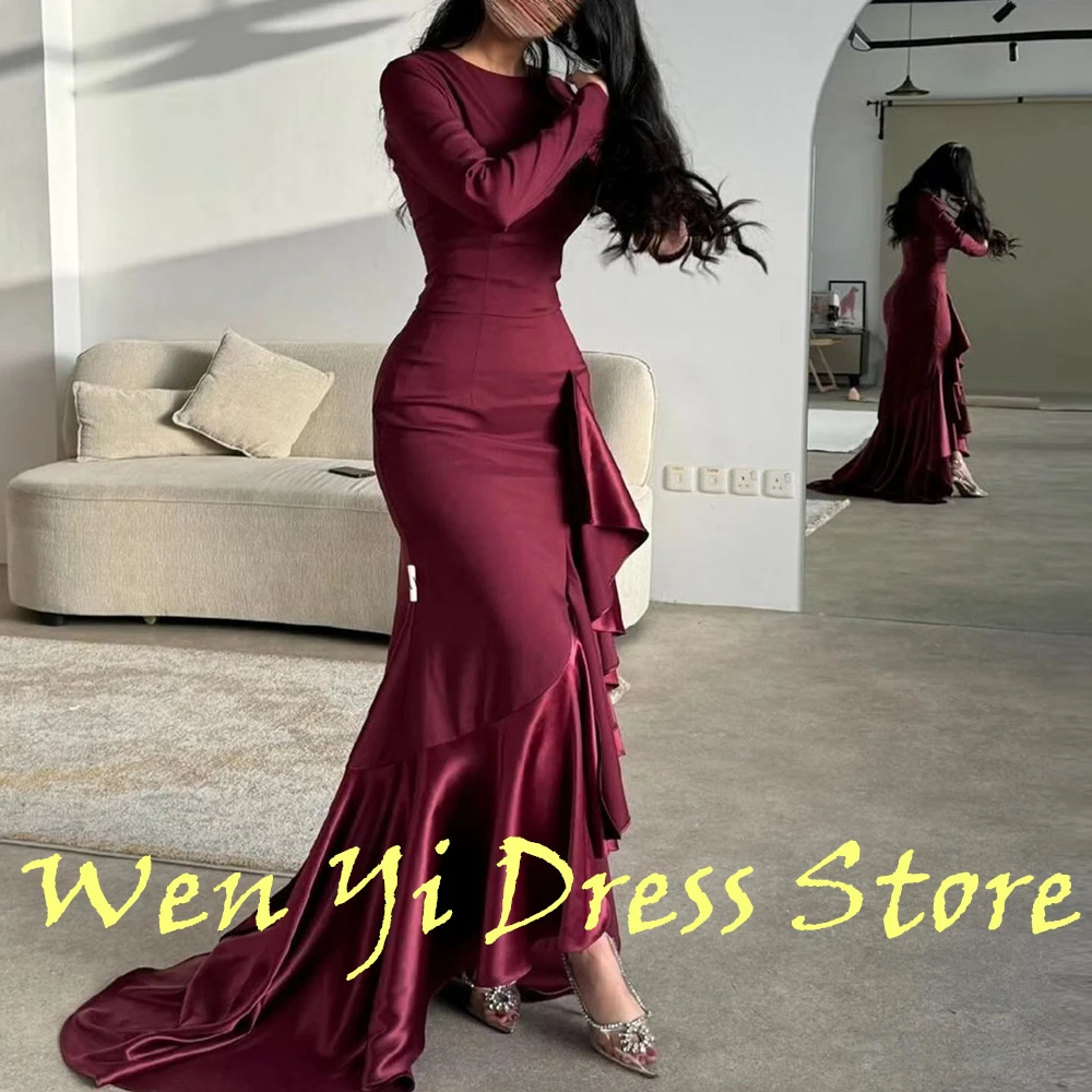 Elegant Burgundy Pleats Floor Length Crew neck Sweep Train Evening Dress Long Sleeves Straight Satin Special Occasion Gowns 2024