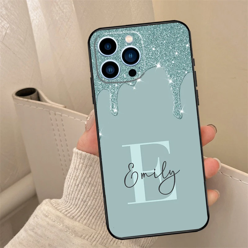 Personalised Name slim liquid glitter Case For iPhone 16 15 12 13 Mini 11 14 Pro Max X XR XS 7 8 14 Plus Cover Coque