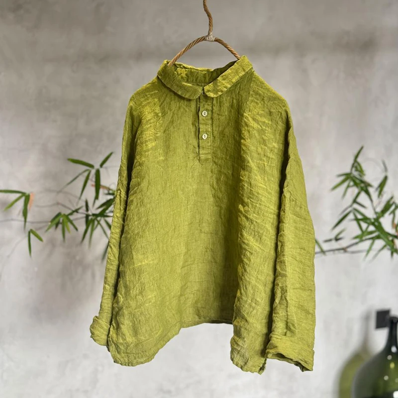 100% Linen Women Long Sleeve T-shirts New Arrival 2026 Autumn Vintage Style Turn-down Collar Loose Female Casual Tops Tees M2962