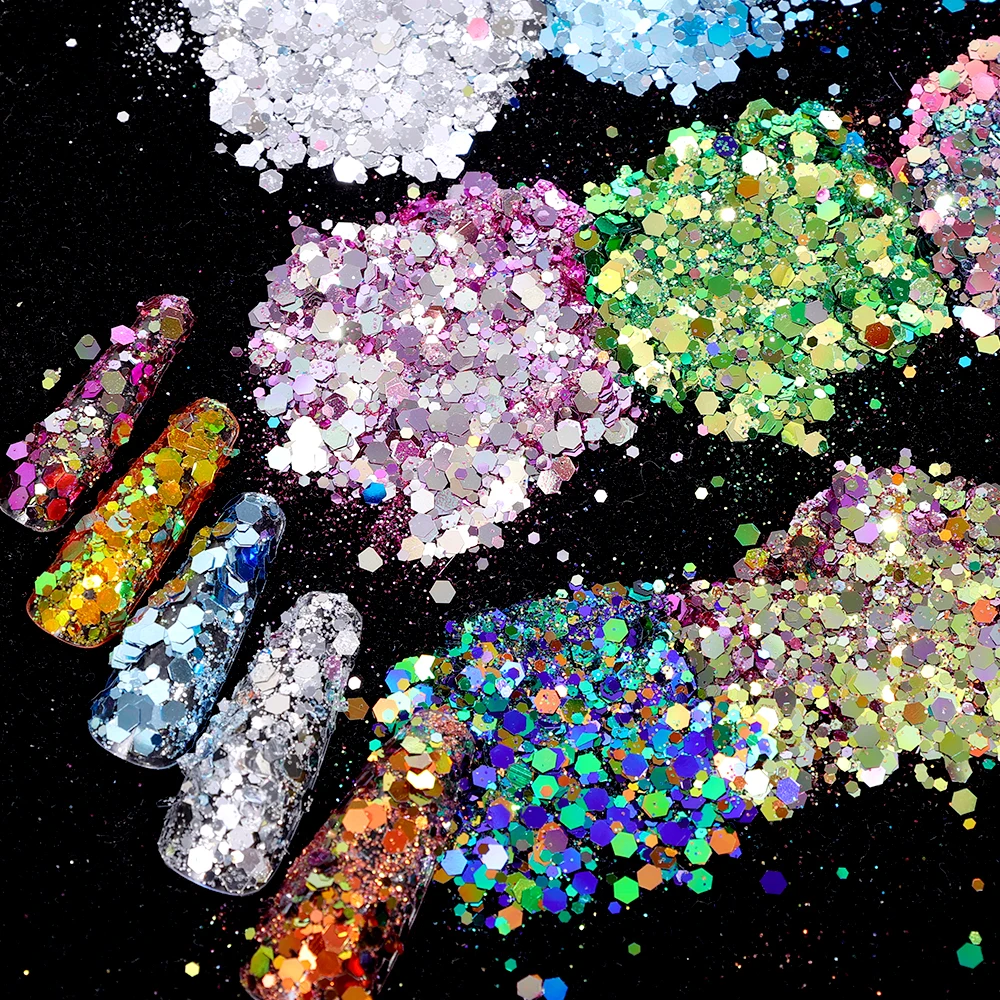 12 griglie miste esagonali per unghie Glitter paillettes decorazione lustrini olografici fiocchi Nail Art polvere Gel Polish accessorio per Manicure