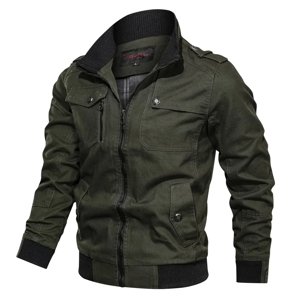 

New Casual Solid Color Jacket Zipper Pocket Stand Collar Large Coat Men's Pure Cotton Thin Autumn Top Outdoor Jackets