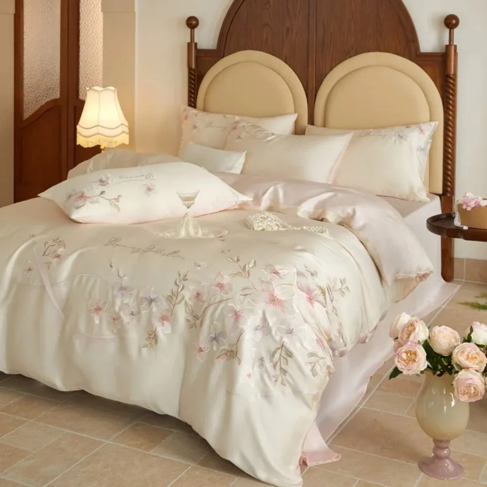 Flowers Embroidery Lxuruy Bedding Set Lyocell Eucalyptus Fiber Soft Silky Duvet Cover Flat/Fitted Bed Sheet Pillowcases 4Pcs