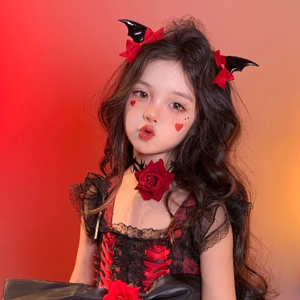 2 Pcs Fashion Bow Halloween Hairpins Y2K Lolita Style Devil Horn Hair Clips Gothic Style Headwear Bat Duckbill Clips Halloween