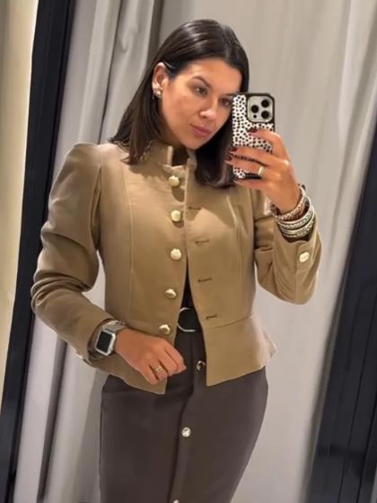 سترة نسائية شتوية عصرية كلاسيكية بتأثير من جلد الغزال بكتف منتفخ وياقة ثابتة وسترة نسائية بمزاجية متينة معطف Mujer