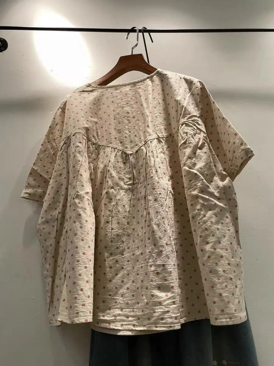 Oversized Cotton Babydoll Blouse for Women Retro Pink Polka Dot Ruffle Trim Half Button Top Mori Loose 3/4 Sleeve Tunic Shirt