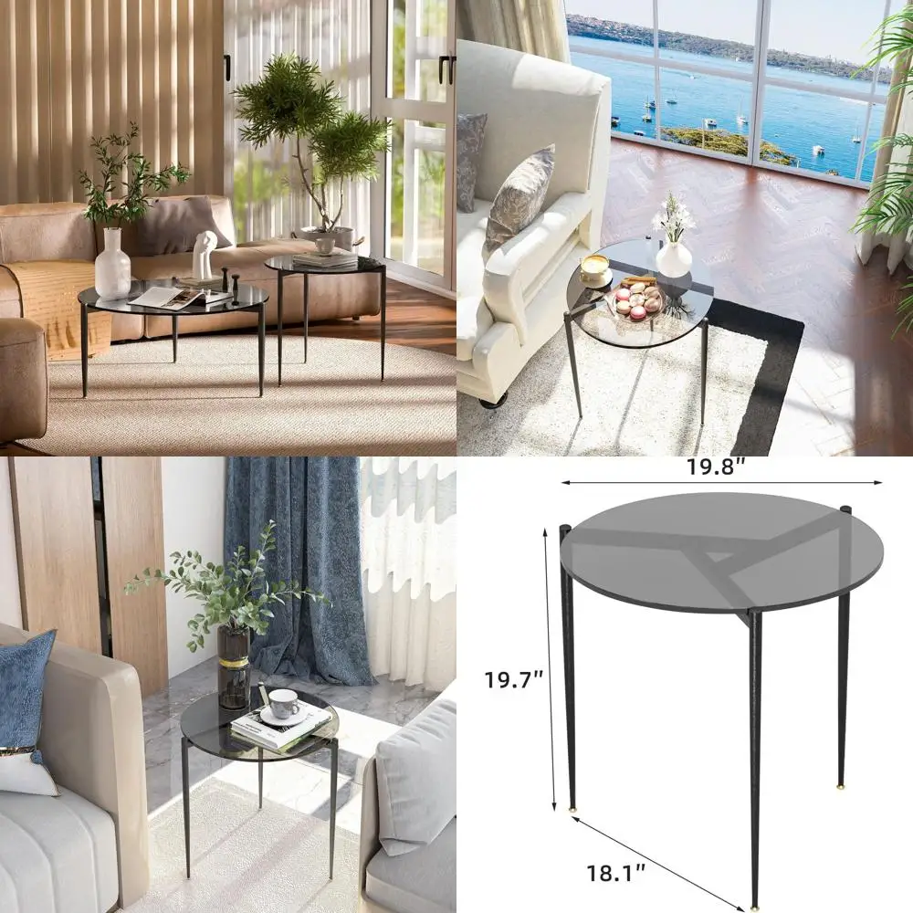 

Contemporary Round Glass Top End Table with Grey Metal Legs, 19.8