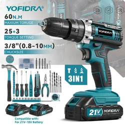 YOFIDRA Electric Impact Drill 25+3 Torque Multifunctional 2 Gears Cordless Hammer Drill Power Tool For Makita 18V Battery Pin