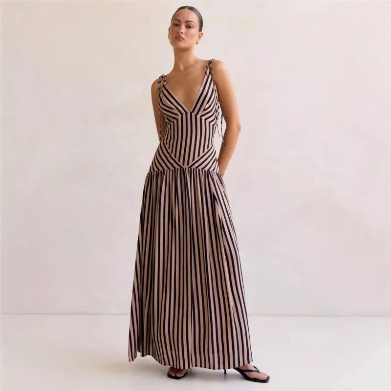 

New Fashion 2026 Summer Maxi Dress Deep V-neck Spaghetti Strap Striped Print Dresses Sexy Backless Sleeveless Beach Vacation
