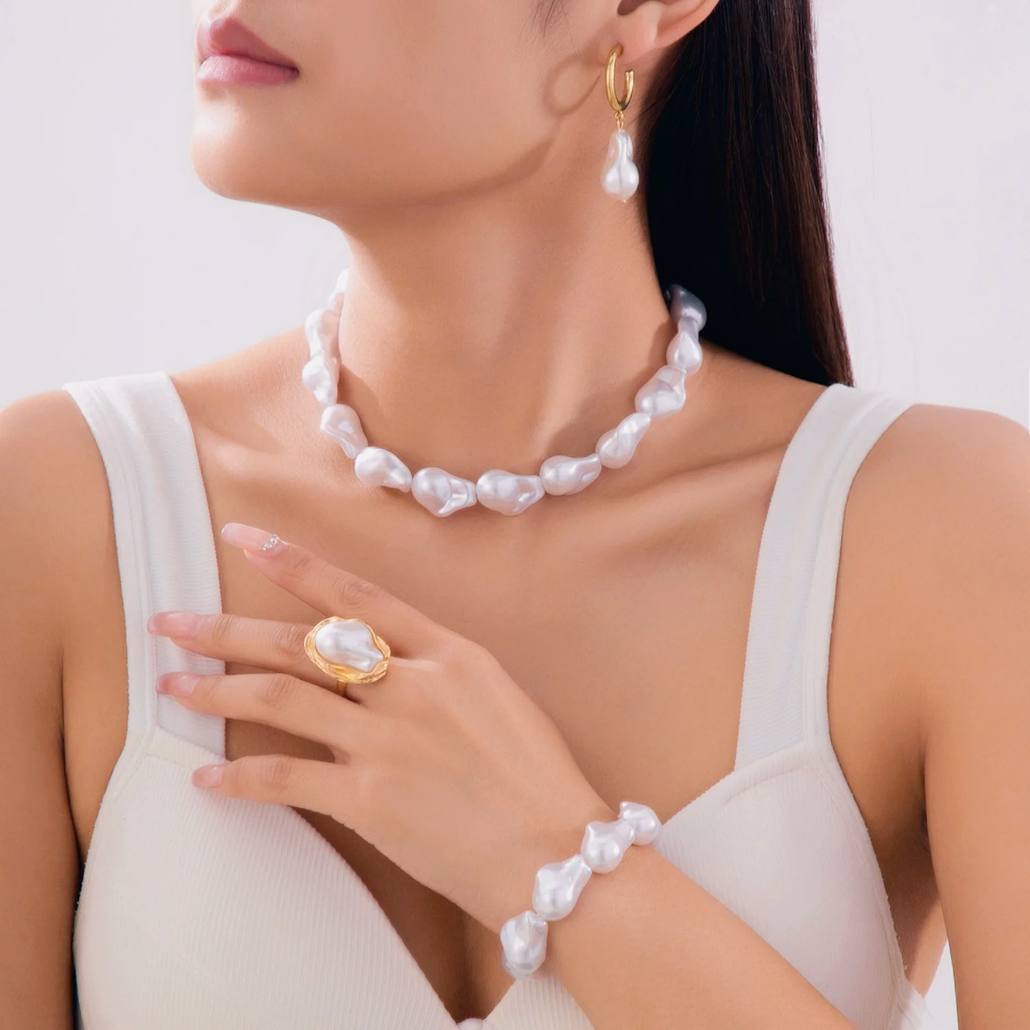 

Necklace Bracelet Earrings Set French Retro Imitation Pearl Jewelry Set for Women Adjustable Ring Irregular Baroque Round Pearl