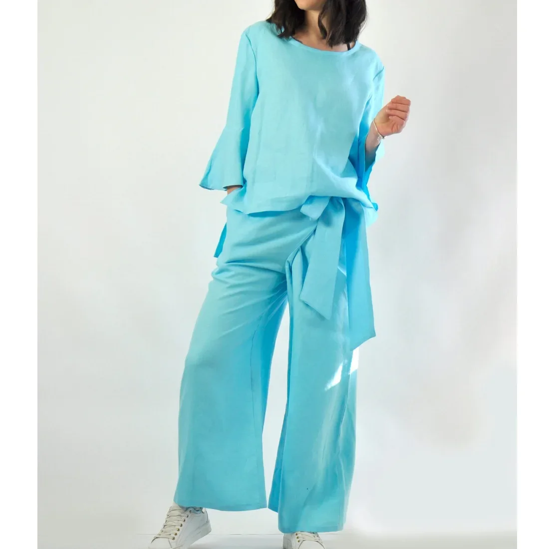 Blue Cotton Linen Pants Sets Two Piece Set Women Summer Shirt High Waist Wide Legs Loose Casual Suit Work Streetwear Tracksuit