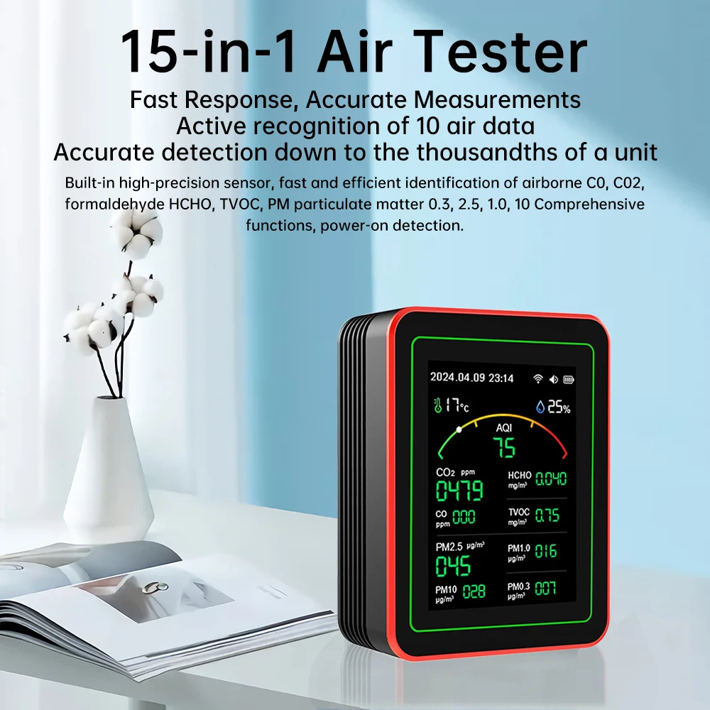 Home Air Quality Monitor Tuya WiFi 15 in 1 TFT Display Portable AQI PM0.3 PM1.0 PM2.5 PM10 CO CO2 TVOC HCHC Tester APP Monitor