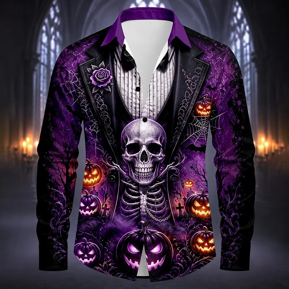 Halloween Men's Bull Lantern Face Shirt Button Up Shirt Long Sleeve Dark Gothic Style Streetwear