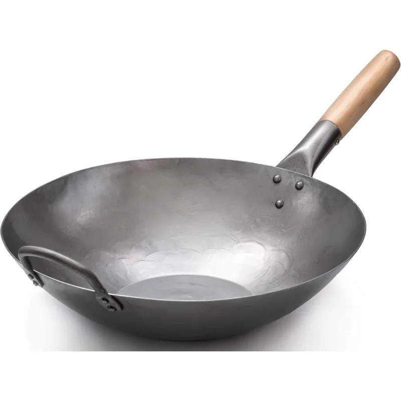 

Flat Hand Hammered Carbon Steel Pow Wok with Wooden and Steel Helper Handle (14 Inch, Flat Bottom)