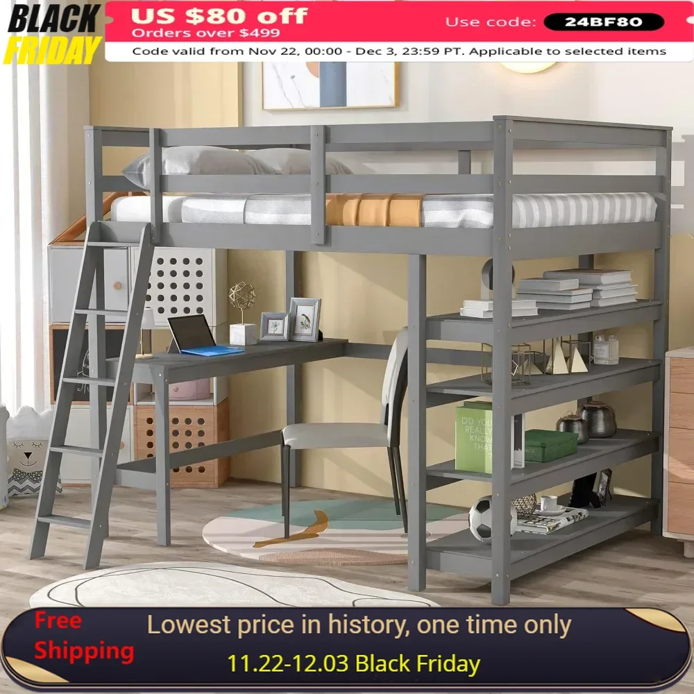 Full Size Loft Bed with Desk,Guardrail and Ladder, High Loft Beds with Desk and Bookcase, Wood Loft Bed Frame