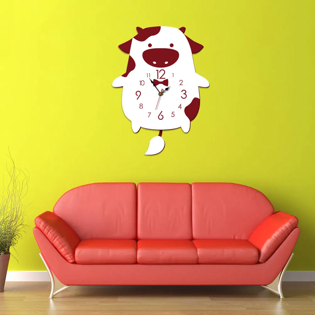 

's Room Wall Clock Cartoon Cow Shape Red Acrylic Hanging Decorative Clock Perfect for Bedroom Living Room Kitchen