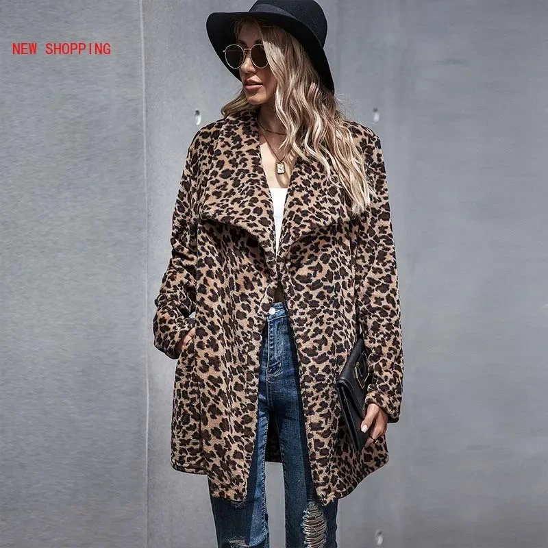 New Women Plush Teddy Coat Autumn Winter Leopard Faux Fur Coats Women Lapel Faux Fur Fluffy Long Teddy Jacket Female Thick Warm