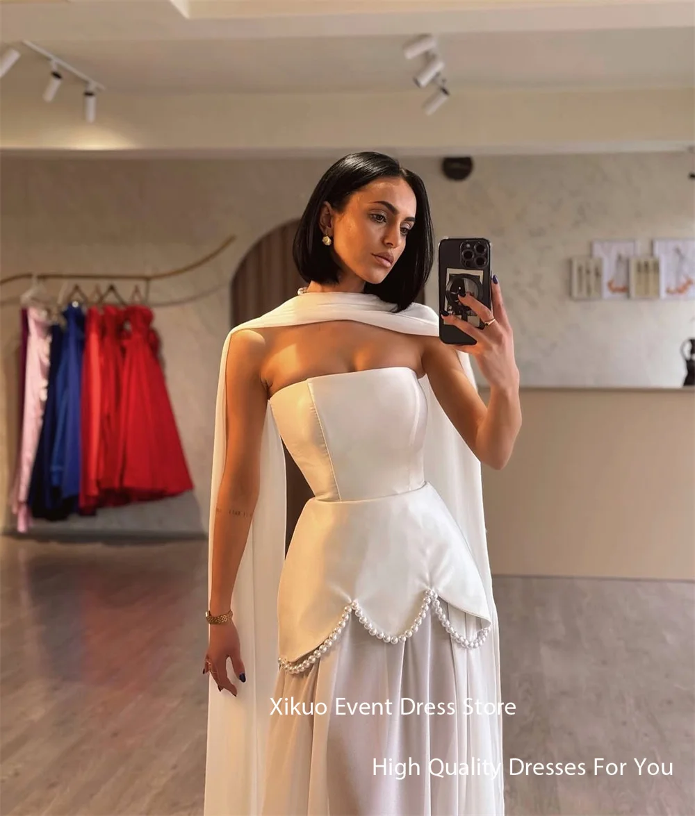 Xikuo Elegant Satin Ivory Wedding Dress Strapless A Line  Pearls Bridal Gowns Saudi Arabric Illusion Vestido De Novia Customized