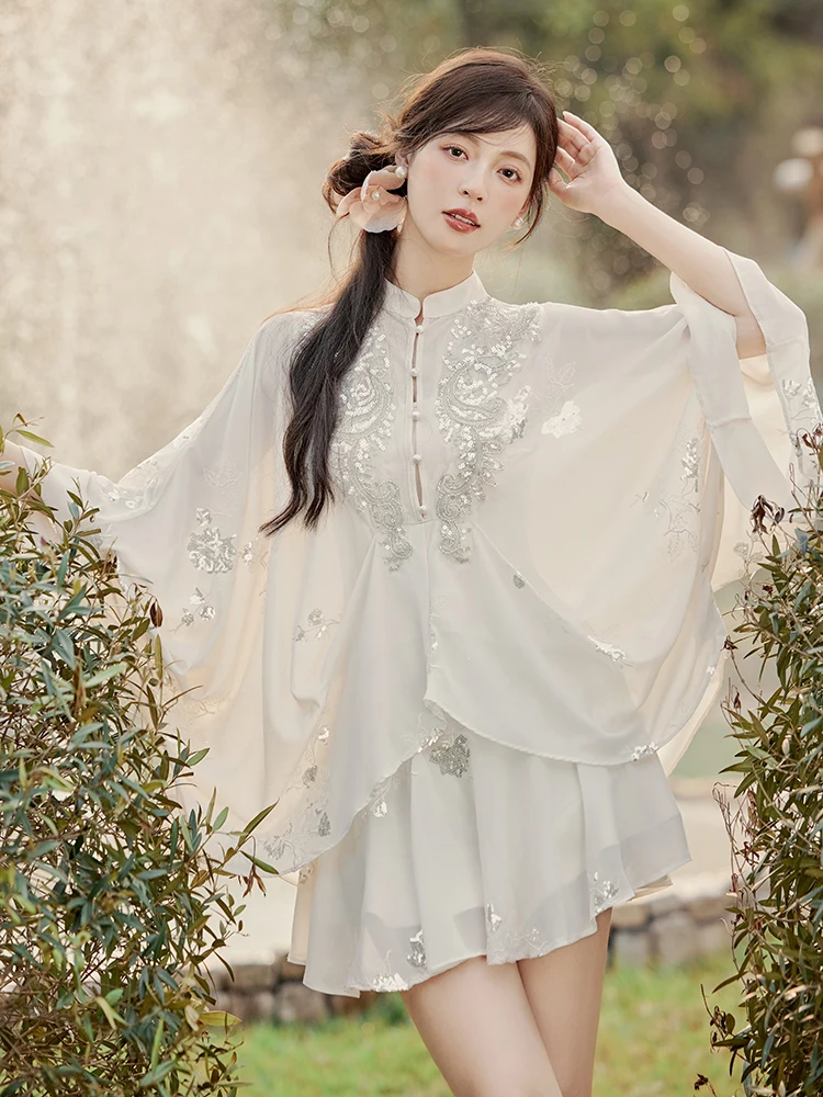 

Silver Bead Embroidery Cowl Neck Cape Top with A-Line Skirt Elegant Style Women's Fashion Set Spring Summer Autumn