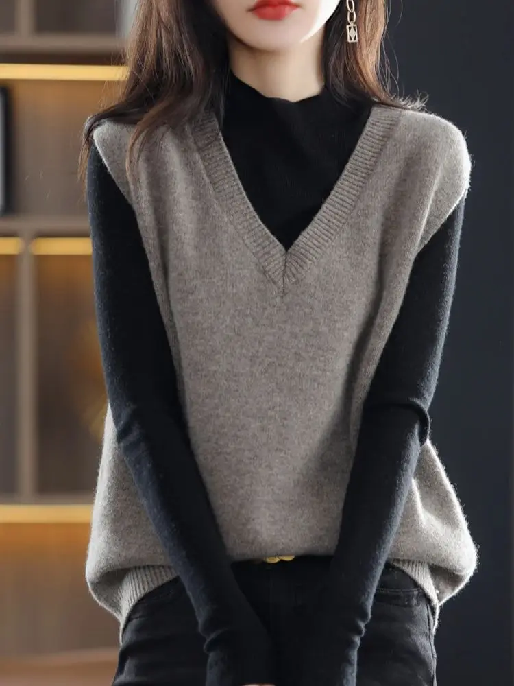 2024 Korean Version Popular Vest Overlay Tops autumn winter sweater women's V-neck pullover High Quality wool loose Sleeveless