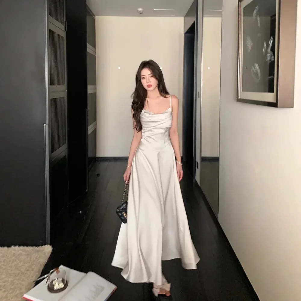 

Korean Fashion Women's White Strap Maxi Dress Summer New Style Slimming Elegant Banquet Party Bodycon Dresses For Women