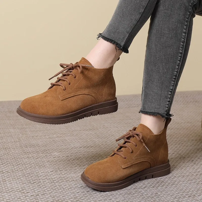 

GKTINOO Women Shoes Autumn Winter Genuine Leather Female Short Boots Cow Suede Women Booties British Lace-up Women Ankle Boots