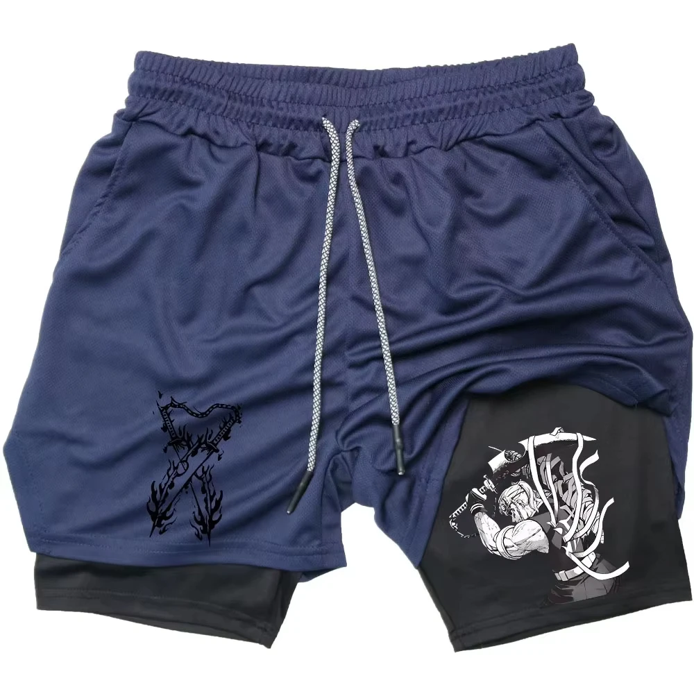 Мужские тренировочные шорты 2-в-1 в стиле аниме |   Быстросохнущий двухслойный с сетчатой подкладкой для тренажерного зала и бега ZY0076