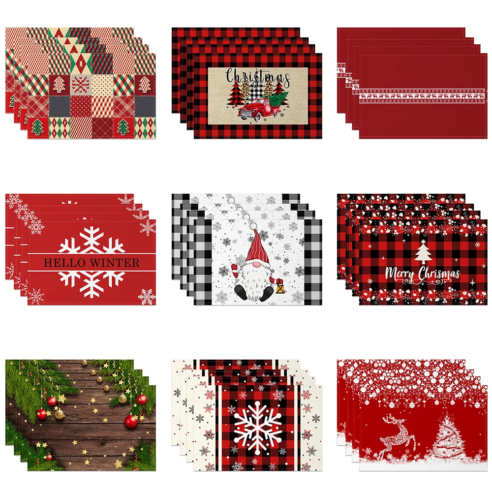 Christmas Theme Placemats Jingle Bells Gifts Red Black Decorative Table Mat Western Table Pad Christmas Table Decoration 4pcs