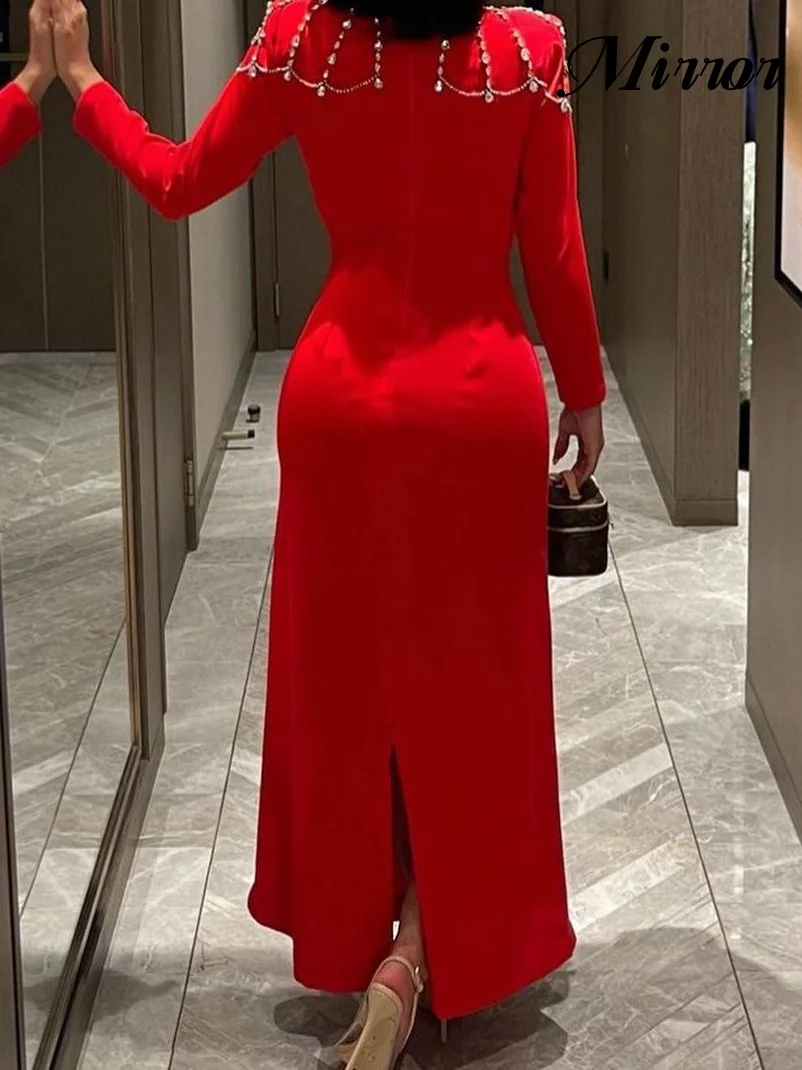 Elegante vestido com espelho vintage, Simples cristal vermelho frisado, Colarinho quadrado, Personalizado, Ocasião formal, Vestido de formatura, Vestidos de festa