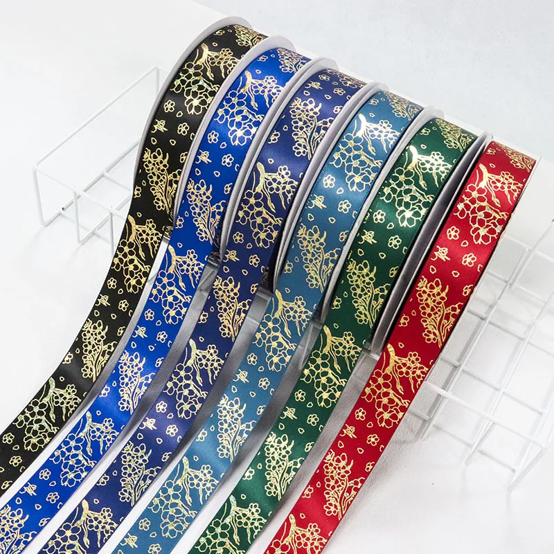 1'' 25mm Laser Gold Silver Foil Sakura Flowers Printed Single Face Satin Ribbon For Party Wedding Decoration DIY Sewing