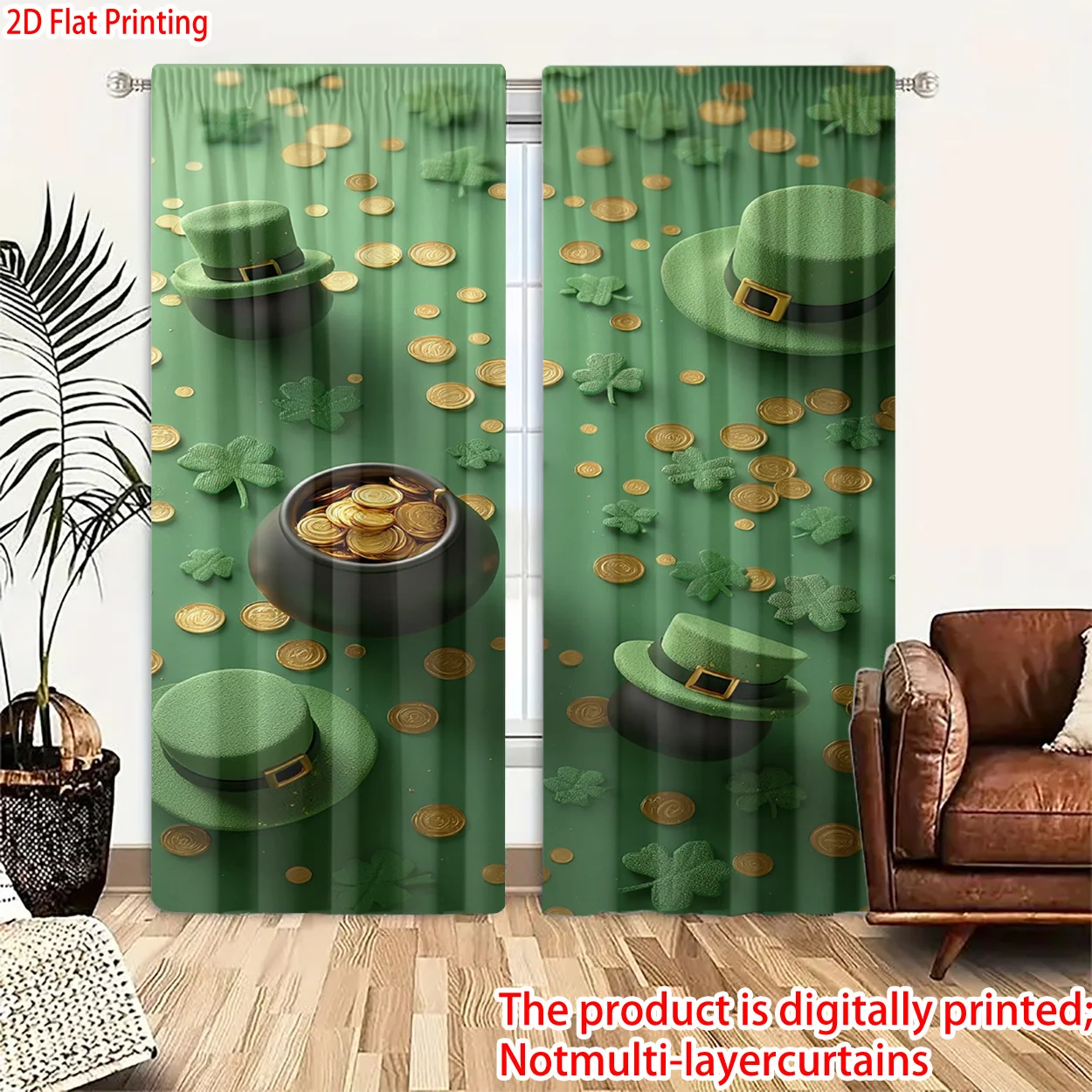St Patrick's Day Curtains, Green Leprechaun Hat Pot of Gold Print Drapes, Irish Shamrock Decor for Living Room Bedroom Window