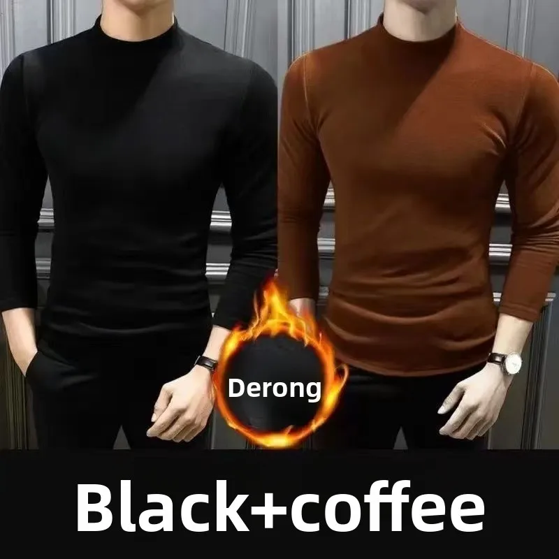 

Thickened Inner Fleece-Lined Men's T-Shirt Long Sleeve Warm Base Layer Top Half Polo/Turtle Neck Solid Color T-Shirt Autumn