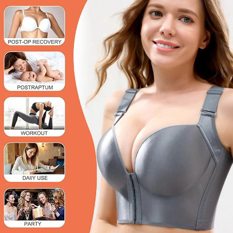 Dimmkof Plus Size Full Coverage Front Closure Bras Post Surgery Hide Back Fat Deep Cup Bra Wireless Double Support Shapewear Top