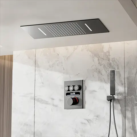 Luxury black brass thermostatic shower system Wall mounted design Hot&Cold water bathroom ceiling LED digital display faucet