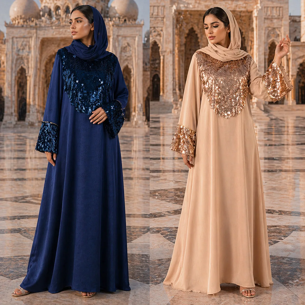 Satin Dubai Abaya Women Jalabiya Arabic Dress Ramadan Eid Evening Party Islam Muslim Abayas Regular-Fit Sequins Bugle Beads Trim