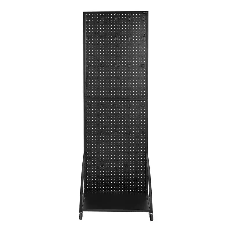 

Mobile Display Rack 23.7 x 66 in For Retail Store Jewelry Shop Craft Show, Cold-Rolled Steel Pegboard Panel Casters 30 Hooks Double-Sided Base Plate Black