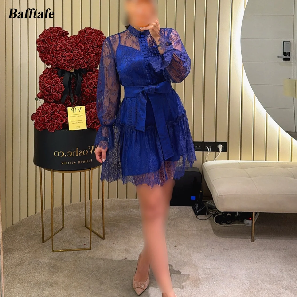 

Bafftafe Customized Lace Prom Dresses Long Sleeve High Neck Mini Women's Birthday Party Dress Girl Homecoming Dance Gowns 2026