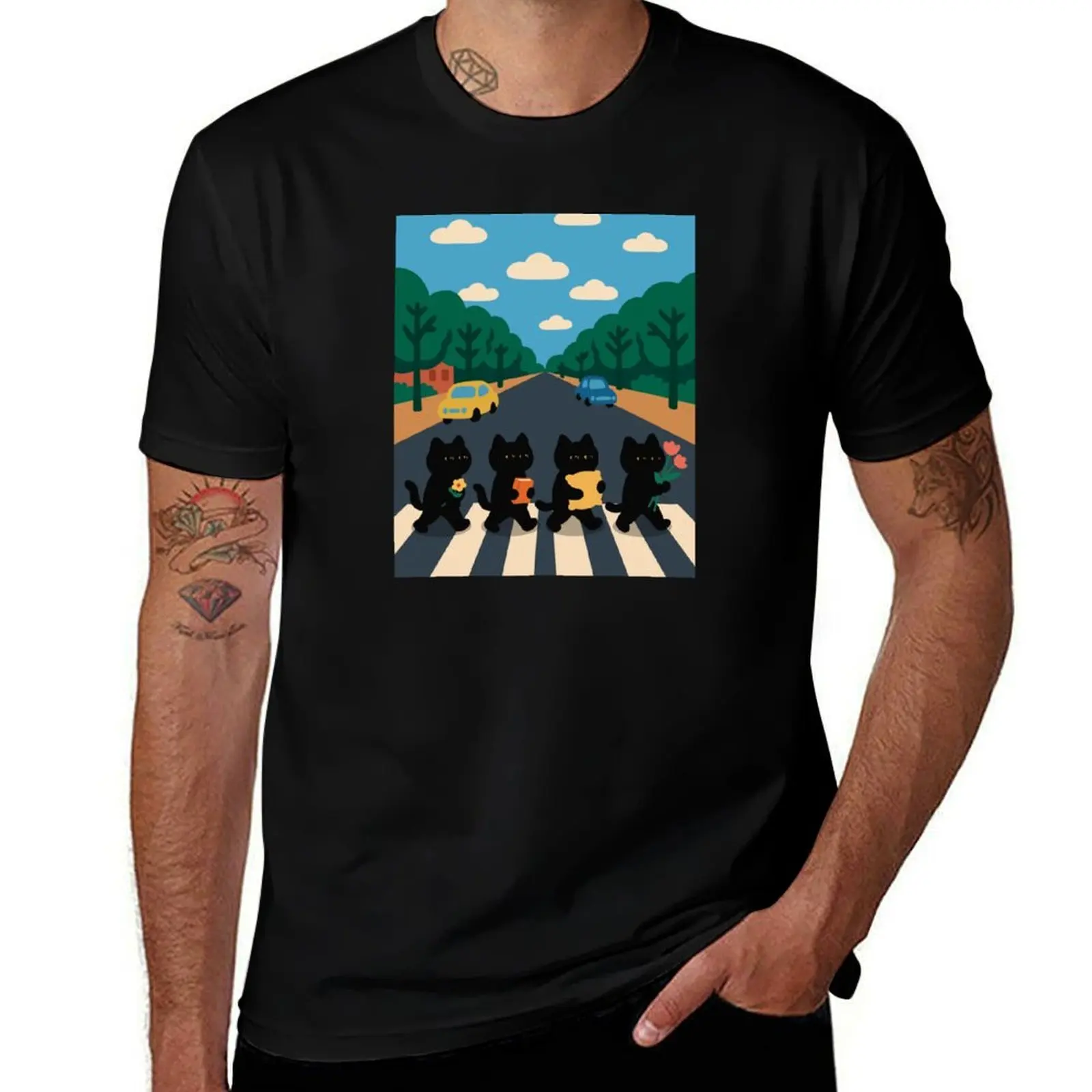 

Black Cat Friends Crossing: A Cat's Abbey Road Adventure T-Shirt plus sizes oversizeds tshirts for men