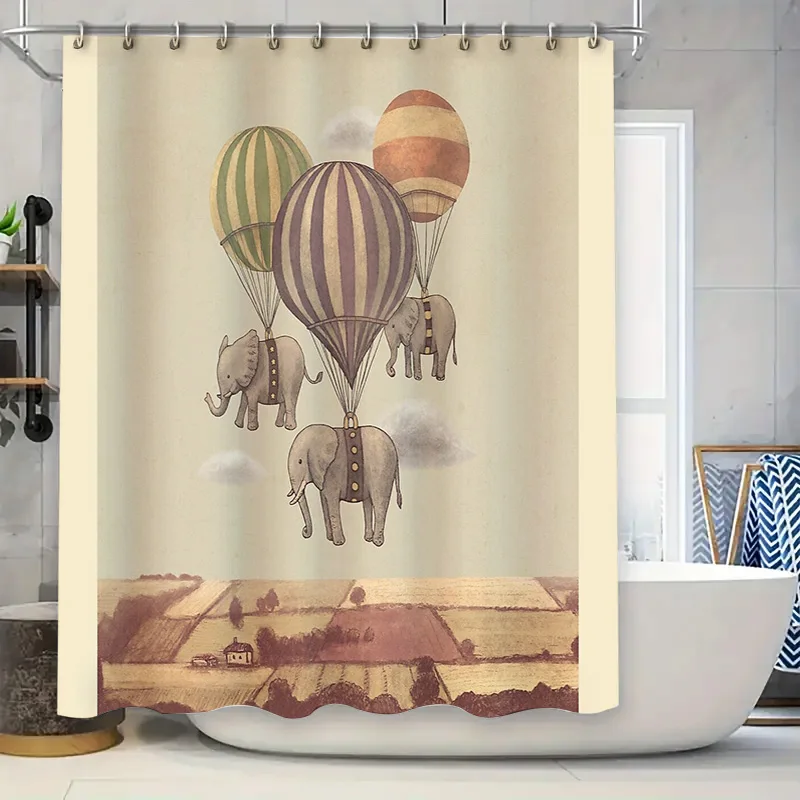 

Vintage Elephant Hot Air Balloon Shower Curtain Rustic Farmhouse Bathroom Decor Set Waterproof Scenic Wall Hanging Artistic Home