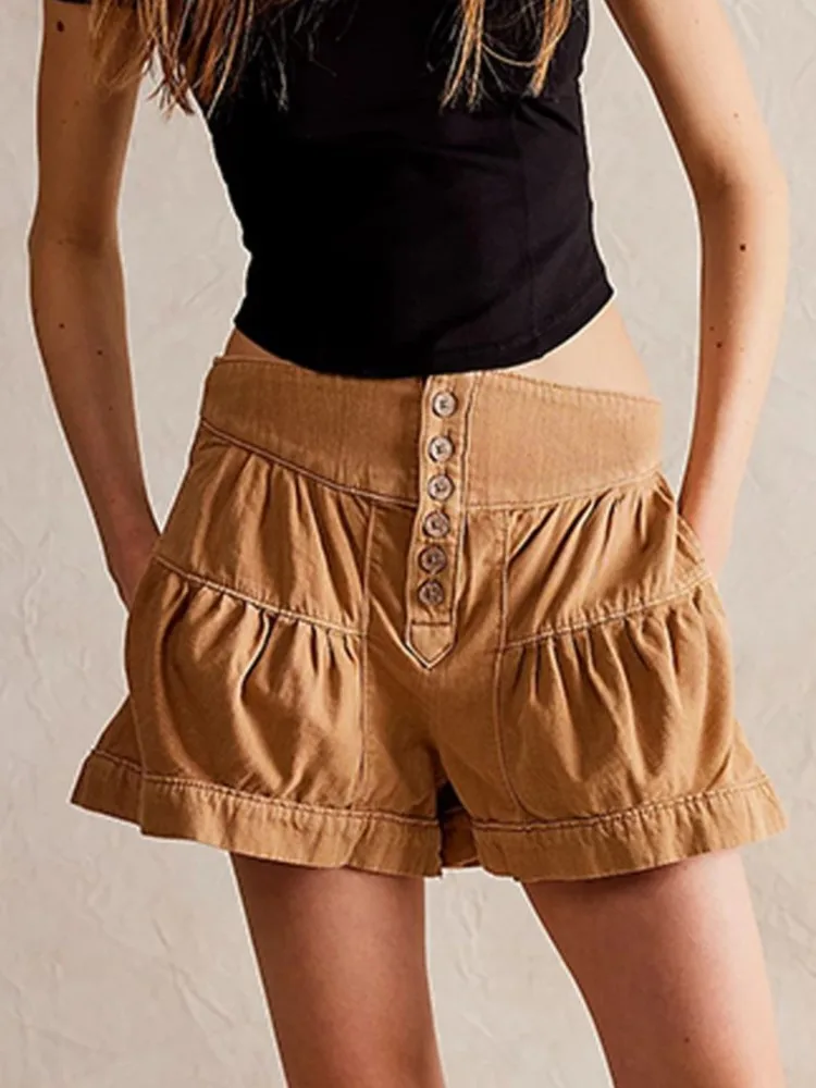 Elegant Washed Denim Shorts Summer Women High Waist Loose Ruffles Commuting Solid Color A Line Button Decoration All-match Jeans