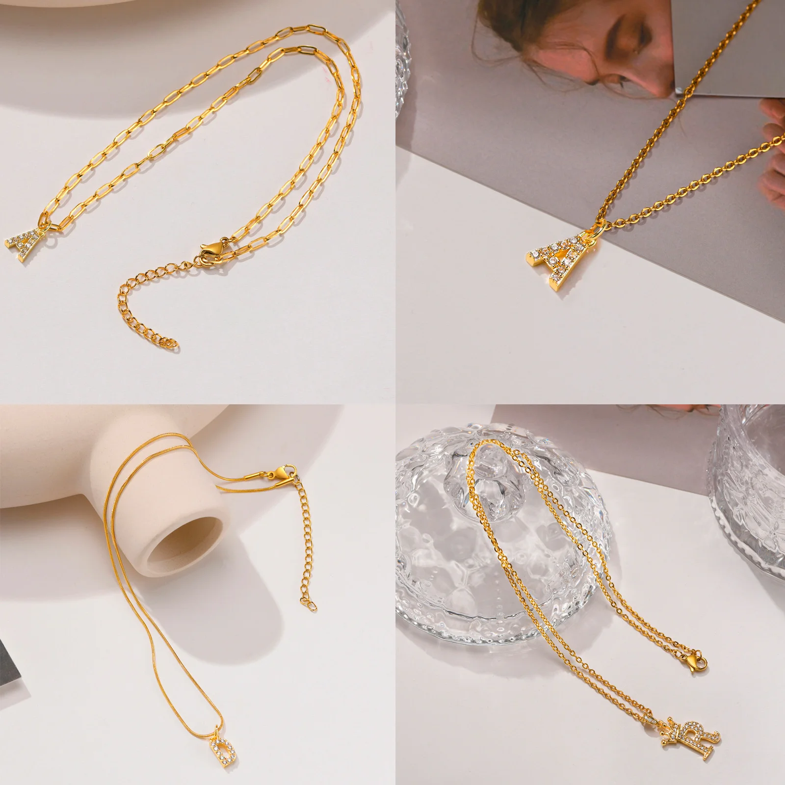 Stainless Steel Zirconia Initial Letter Necklace for Women, A -Z  Alphabet Pendant Snake Chain Collar Layered Jewelry