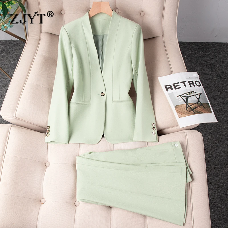 

ZJYT Office Lady Long Sleeve Blazer Suit Trousers Women 2025 New Autumn V Neck One Button Jacket and Pant Sets 2 Piece Outfits