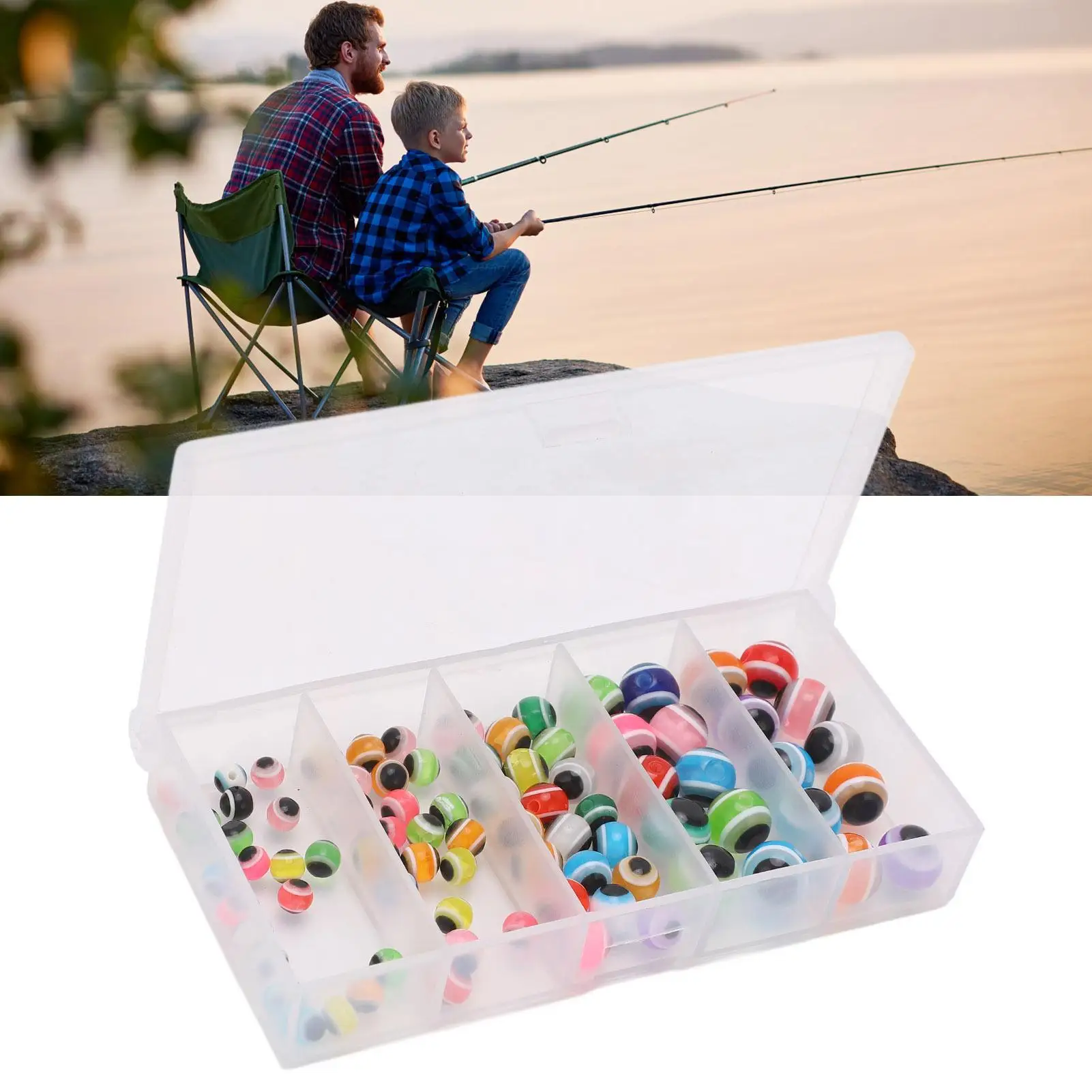 100PCS Fishing Beads Hard Resin Fish Eye Design with Storage Box Float Stopper Kit