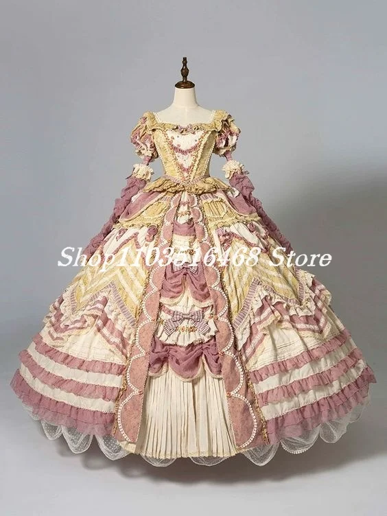 Cream Yellow and Pink Party Prom Dresses Lolita Corset Tie Embroidery Romantic Bow Puffy Princess Dresses Cosplay Party Dresses