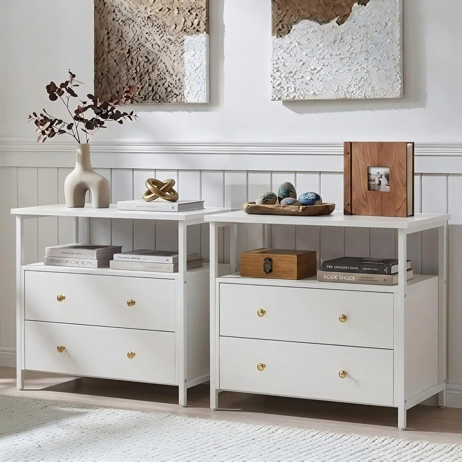 

27in Wide Nightstand Set 2 With Charging Station Open Shelf 2 Drawers Wood Dresser Modern Bedroom Living Room White Customized