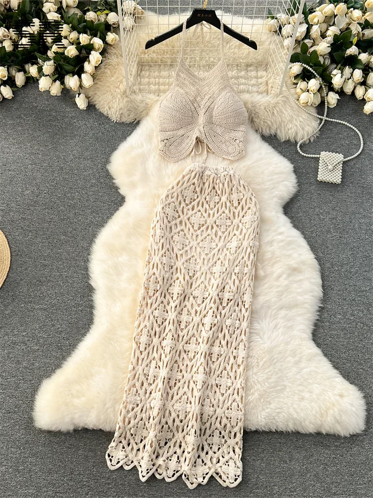 

SINGREINY Vacation Two Piece Set Women Backless Camisole Halter Hollow Out Elastic Waist Long Skirt Summer Casual Knit Suit
